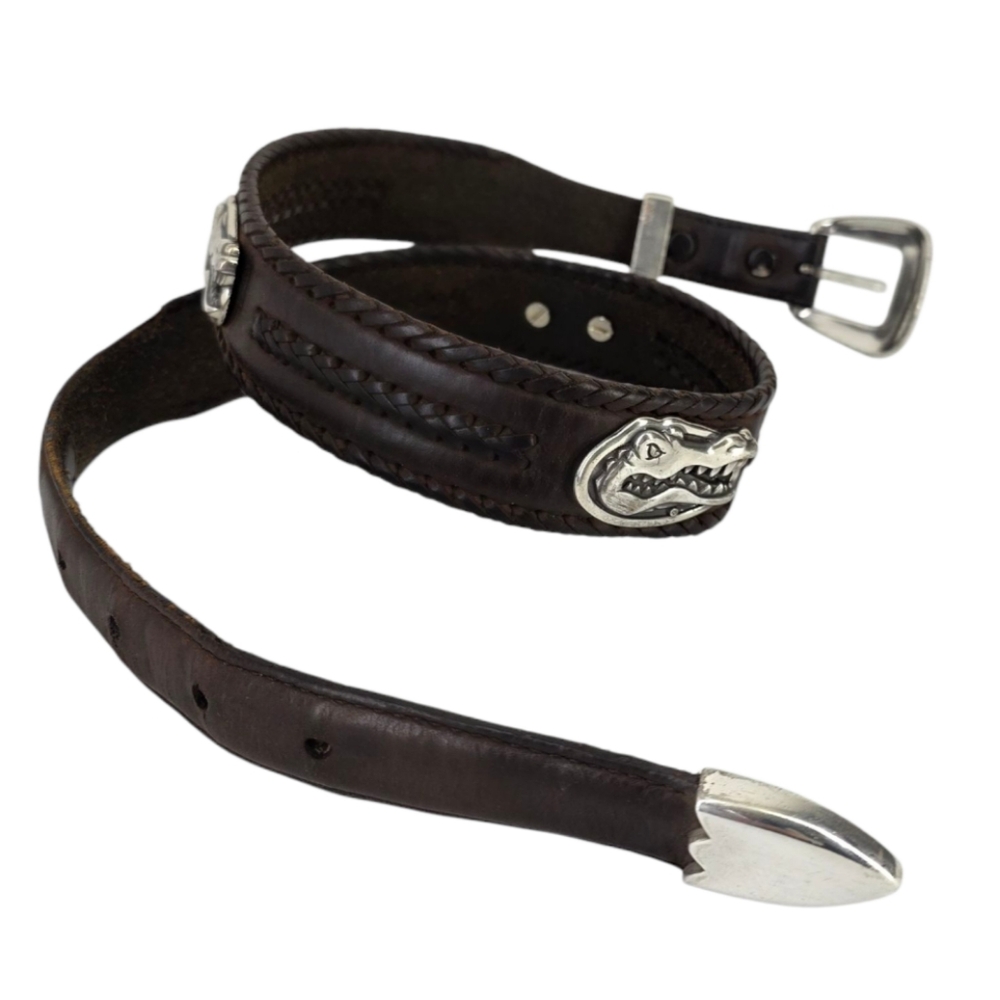 Brown Leather Gator Concho Belt Weave Detail Silvertone Hardware